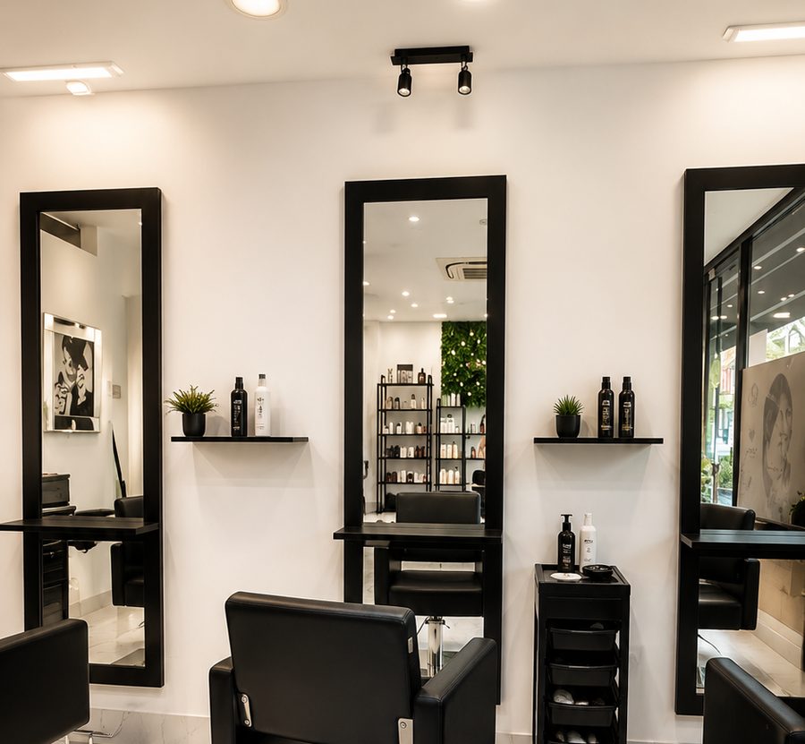 Inside Sugilite Salon — marble floor, black styling chairs and full-length mirrors